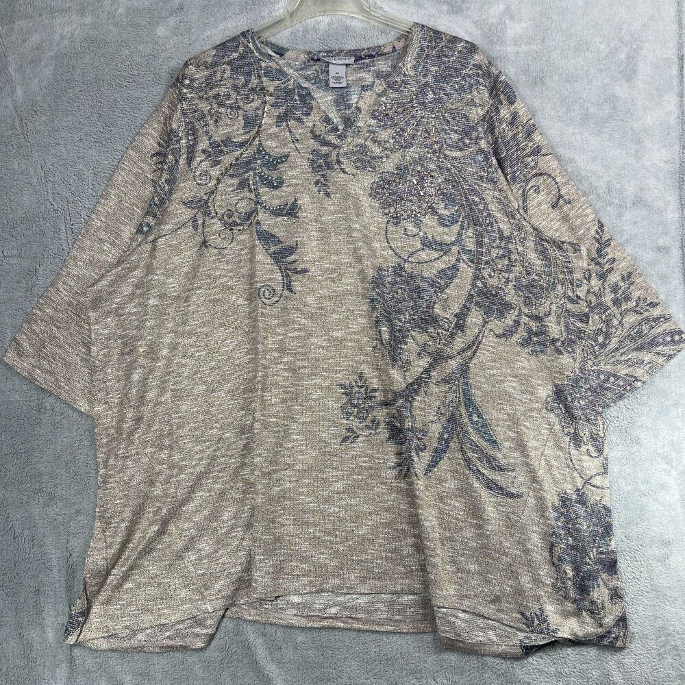 Catherines Tunic Top Women 3X Gold Floral Beaded Embellished Metallic V-Neck